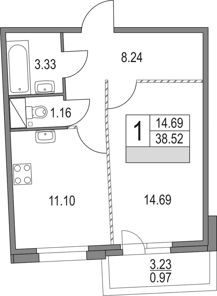 1-комнатная квартира 38.52 м², 4/16 эт., ЖК «Приморский квартал»